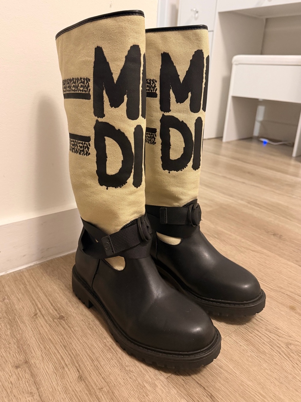 Dior Black Leather & Beige Canvas Knee Boots with 'Miss Dior' Print - Picture 4 of 9
